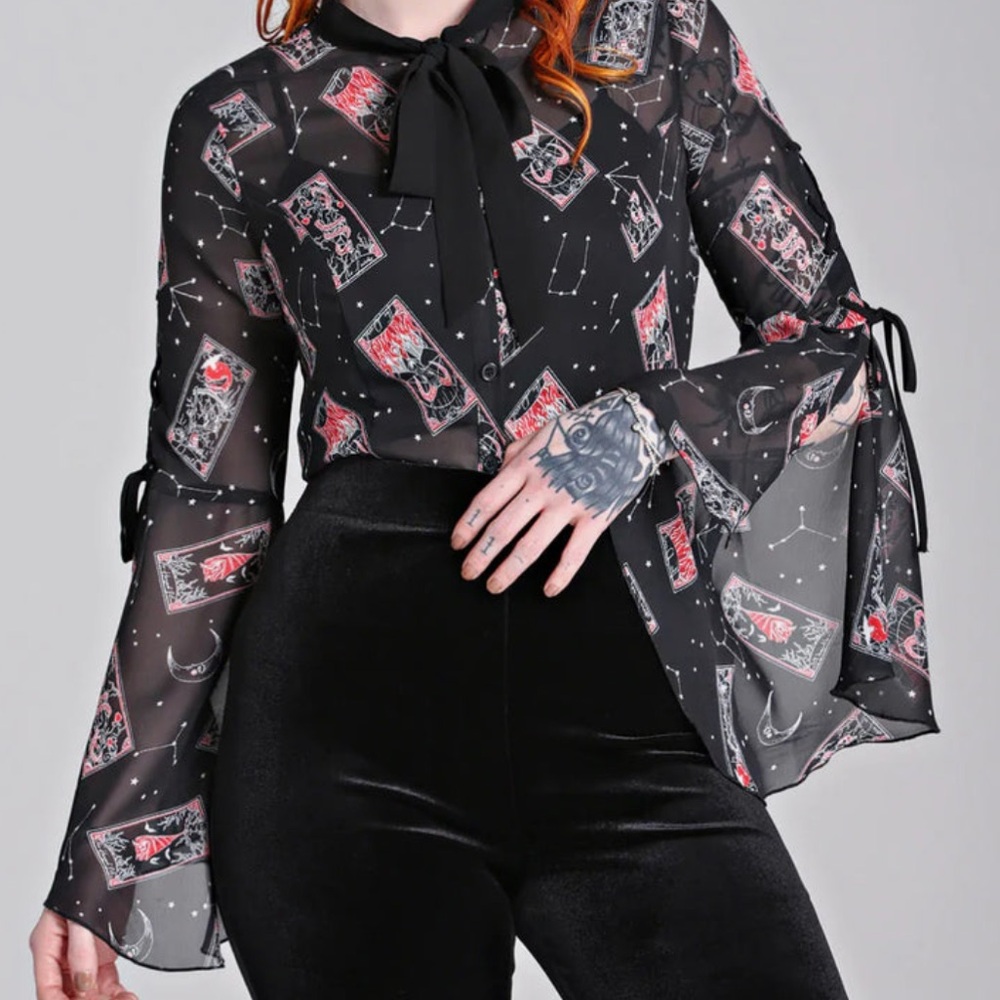 Black Sheer Blouse with Red and White Print Hell Bunny Tarot small